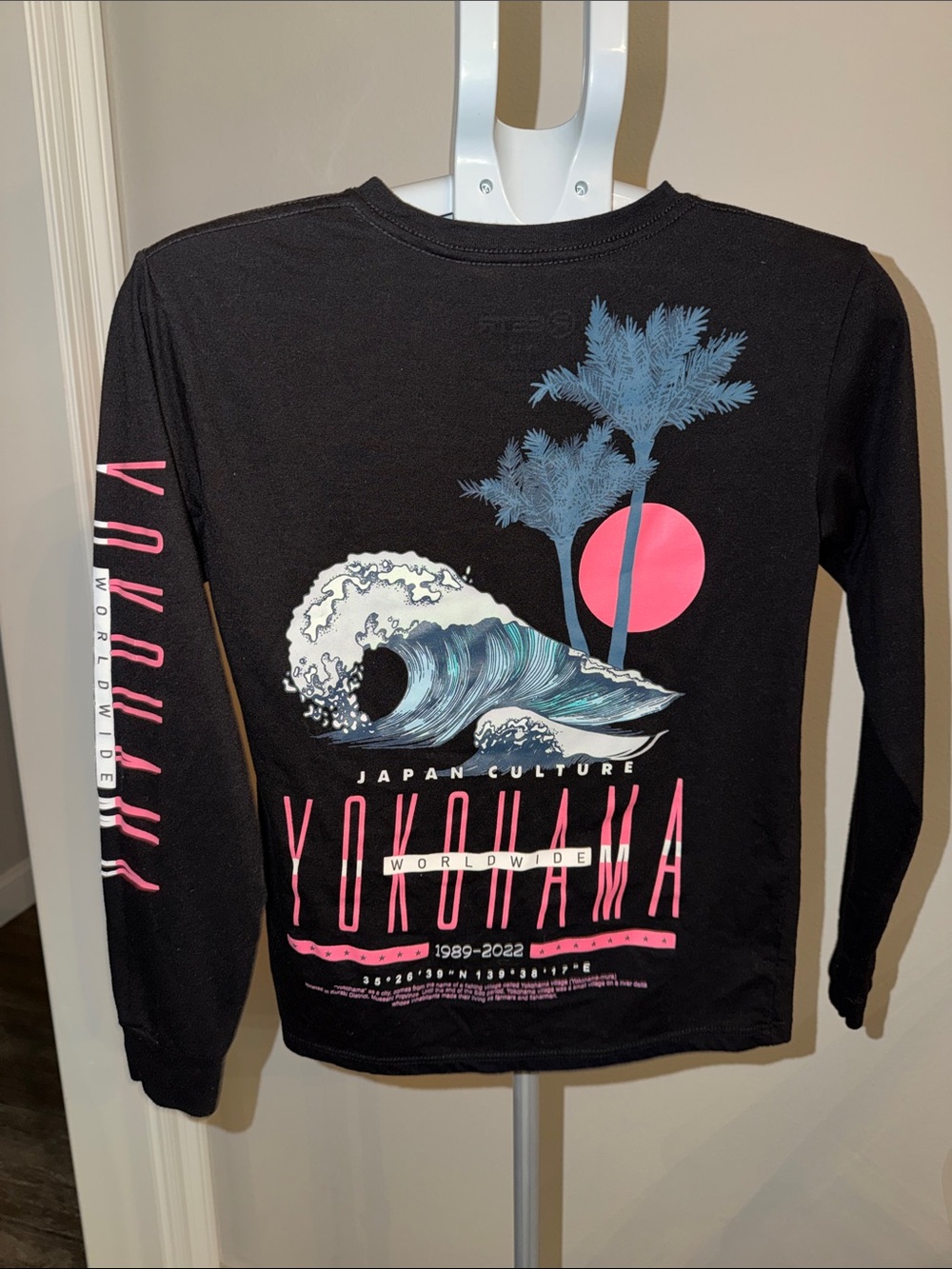 Yokohama Japan Culture Kids Long Sleeve Tee - Black with Pink & Blue Graphic